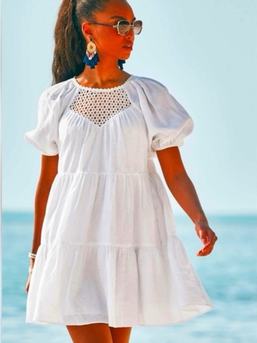 Lilly Pulitzer EUC Charlet Linen  White Tiered Mini Dress Sz 14 Graduation Boho